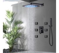 QHLMLL Black LED Shower Faucet Set LED Rainfall Shower Head 6pcs Age Spa Jets 3-Way Hot Cold Mixer Tap Bath Shower System-20 inch Set