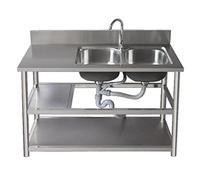 QHLMLL Free Standing Sink Commercial Outdoor Utility Sinks Double Bowl Sinks with Workbench And Double Storage Shelves Faucet for Room Garage Basement Outdoor And Indoor Tub RES