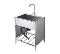 QHLMLL Freestanding Kitchen Sink Laundry Utility Sink Stainless Steel Single Bowl Basin with Cold And Hot Water Pipe Faucet And Drainer Unit for Garage Restaurant Kitchen Laundr