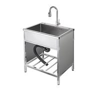 QHLMLL Freestanding Kitchen Sink Laundry Utility Sink Stainless Steel Single Bowl Basin with Cold And Hot Water Pipe Faucet And Drainer Unit for Garage Restaurant Kitchen Laundr