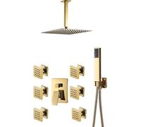 QHLMLL Gold Shower Faucet Set10 inch Ultrathin Rainfall Shower Head with 6 Jets 3Way Mixer Tap Luxury Bath Shower Kit for Spa Experience 8 inch Option Available.