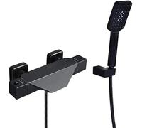 QHLMLL Thermostatic Bath Taps & Shower Mixer SetBlack Waterfall Sink Tap with Hose Tub Filler & Shower Head for Modern BathroomStylish & Functional Design
