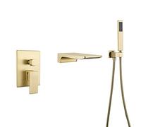 QHLMLL Wall Mount Bath Tap, Bath Mixer Shower Tap, Waterfall Bathtub Tap with Handheld Shower, Brass Tub Filler, Single Handle Bathtub Faucet, Tub Tap Set,Matte Black Ambitious