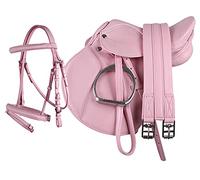QHP, set sella, da poni, in pelle (sintetica), 33 cm di spessore, sella per sottopancia + briglie combinate, rosa, 13 Zoll
