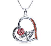 QHQPQ Collana con ciondolo a forma di cuore in argento Sterling 925 con scheletro e mano di rosa rossa, gioiello gotico per donne e uomini, Medio, Argento sterling, Zirconia cubica