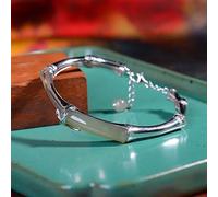 QHQQXN CCXXYGWJ Bracciale in bambù con Giada Verde Naturale Bracciale Aperto in Argento Sterling S925 per Regalare alla Mamma Un Braccialetto in Giada da Donna Stile retrò