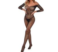 QHQQXN per Donna Body Leopardato Tuta a Rete Trasparente Body con Scollo a U Maniche Lunghe Catsuit Prospettiva Lingerie a Rete Calze di Nylon Aderente Corpo Elasticizzato Party Clubwear