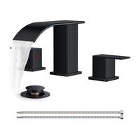QHQQXN Rubinetti per Bagno Quadrati Neri opachi a 3 Fori, Rubinetto per lavabo diffuso da 8 Pollici a Cascata con Linee di Scarico e Alimentazione Pop-up in Metallo, Due Maniglie per vanità, Camper,