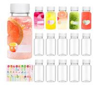 QHSXMQ 15 pezzi Bottiglia di Succo 100ml, Bottiglia Plastica Riutilizzabile con Tappo Bianco, Mini Bottiglie di Plastica con Adesivi per Frigoriferi, Succhi di Frutta, Bevande, Acqua