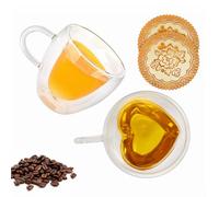 QHYK Trasparente Tazze da Caffè Vetro a forma cuore, Set di 2, Bicchieri Espresso Doppia Parete con Manico, per Caffè, cappuccino, Latte, Tè, compleanni Regali (dare Sottobicchiere)