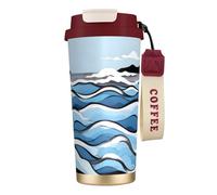 QHZLY Tazza da caffè in acciaio inossidabile 316 con onde che lappano al rocce, colore rosso, grande bicchiere da viaggio isolato, per ufficio, casa, auto