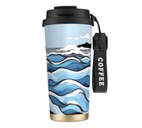 QHZLY Tazza da caffè in acciaio inox 316 con onde che lappano alle rocce, colore nero, grande, isolante, da viaggio, per ufficio, casa, auto