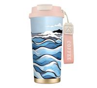QHZLY Tazza da caffè in acciaio inox 316 con onde che lappano alle rocce, colore rosa, grande, isolante, da viaggio, per ufficio, casa, auto