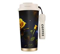 QHZLY Tazza da caffè in acciaio inox 316 con rose gialle e stelle, colore bianco, grande, isolante, da viaggio, per ufficio, casa, auto