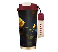 QHZLY Tazza da caffè in acciaio inox 316 con rose gialle e stelle, colore rosso, grande, isolante, da viaggio, per ufficio, casa, auto