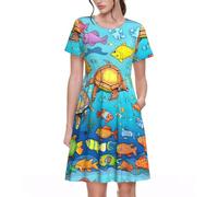 QHZLY Turtle and Fish - Vestito estivo da donna, a maniche corte, con motivo floreale, casual, linea ad A, traspirante, Nero , L