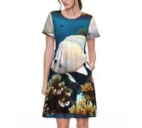 QHZLY White-Golden Fish - Abito estivo da donna, a maniche corte, con motivo floreale, linea ad A, traspirante, Nero , 3XL