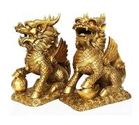 Qi Lin/Chi Lin Kylin Cinese Feng Shui Statue d'oro Decorazione Decor Prosperità Figurina Attirare ricchezza e buona Fortuna Artigianato Ottone Casa e Ufficio 123