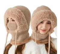 Qiamia 3 in 1 Beanie Hat with Scarf And Mask, Windproof Women Winter Hat, Adjustable Hats Scarf Combo (Khaki)