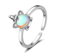 QIAMNI - Anello in argento 925, con pietra di luna, unicorno, cavallo, per donne, ragazze, bambini, misura regolabile, regalo di compleanno, Argento sterling, Pietra di luna