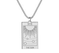 QIAMNI Collana con biglietti di tarocchi in acciaio inox, con luna, stella, sole, astrologia, divinazione, magia, amuleto, collana da uomo e da donna (Silver-The Sun), Acciaio inossidabile