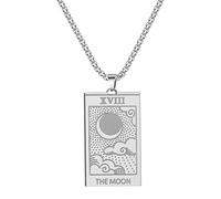 QIAMNI Collana con biglietti di tarocchi in acciaio inox, con luna, stella, sole, astrologia, divinazione, magia, amuleto, collana da uomo e da donna (Silver-The Moon), Acciaio inossidabile