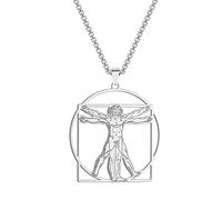 QIAMNI Collana da Vinci Vitruvian da uomo in acciaio inox 316L, Leonardo da Vinci, ciondolo da uomo (argento), Acciaio inossidabile, Vitruviano