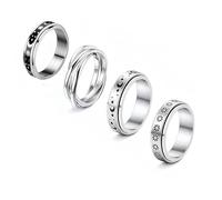 QIAMNI Set di 4 anelli spinner da donna in acciaio inossidabile, con finitura a forma di luna e stella, con finitura sabbiosa, per alleviare lo stress, promessa di matrimonio, Size 10, Acciai