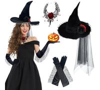 QIANAI Conjunto de Disfraz de Bruja, 3PCS Accessori HalloweenDonna, Costume da StregaVintage perHalloween, Costume da Strega di Halloween per Feste, Set di Cappelli da Strega diHalloween (A)