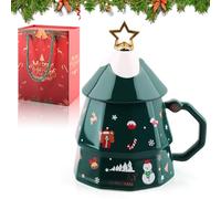 QIANAI Tazze Natalizie, Coffret Cadeau Christmas Cup, Tazza di Natale In Ceramica, Grande Tazza Caffè, Christmas Cup con Coperchio e Cucchiaio, Tazza a Forma Albero Natale (B)