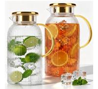 QIANBAIYI Confezione da 2 caraffe in vetro a coste da 2 l, con coperchio, manico e beccuccio ventilato, per porta e ripiano del frigorifero, ideale per pimms, picnic, tè freddo