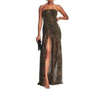 Qianderer Abito da donna a tubo, senza spalline, senza spalline, in rete, patchwork, stampa leopardata, con spacco alto, abito lungo per feste e serate, Marrone, M