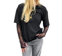 Qianderer Camicette da Donna con Collo Tondo T-Shirt a Maniche Lunghe in Pizzo Camicie Casual a Vestibilità Larga per Primavera e Autunno Top Y2K Streetwear, Nero , S