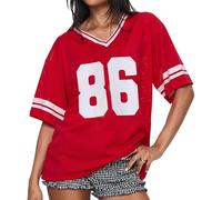 Qianderer Camicie da donna in jersey Y2k con numero grafico oversize magliette con scollo a V camicie a maniche corte carino calcio streetwear T Shirt Top, Bc Rosso 86, XL