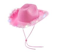Qianderer Cappelli da cowboy da donna, soffici, con tesa in piuma, con luci a LED, per addio al nubilato, feste in costume, giochi e travestimenti (rosa)