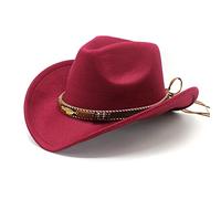 Qianderer Cappello da cowboy da uomo e donna, classico cappello da cowboy a tesa larga, stile western, con cintura, per campeggio, giardinaggio, vacanze, Rosso vinaccia, Taglia unica