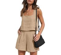 Qianderer Completo estivo da donna, 2 pezzi, in lino, con pantaloncini, top corto con tasche, per vacanze al mare, A Marrone Chiaro, XL