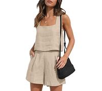 Qianderer Completo estivo da donna, 2 pezzi, in lino, con pantaloncini, top corto con tasche, per vacanze al mare, Colore: cachi., M
