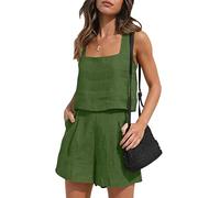 Qianderer Completo estivo da donna, 2 pezzi, in lino, con pantaloncini, top corto con tasche, per vacanze al mare, a verde, M