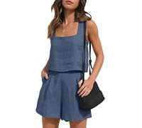 Qianderer Completo estivo da donna, 2 pezzi, in lino, con pantaloncini, top corto con tasche, per vacanze al mare, Un Blu Reale, L