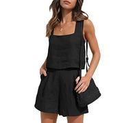 Qianderer Completo estivo da donna, 2 pezzi, in lino, con pantaloncini, top corto con tasche, per vacanze al mare, a nero, XL