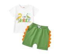 Qianderer Completo per bambino e bambina, completo per compleanno con dinosauro a maniche corte e pantaloncini, per il primo e il 3° compleanno, Verde Tre, 3-4 Years