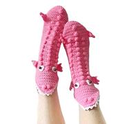 Qianderer Divertenti calzini da donna a forma di coccodrillo e squalo, in maglia 3D, per Natale e inverno, Coccodrillo rosa Ba, Taglia unica
