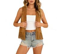Qianderer - Gilet da donna con frange anni 60 e 70, gilet hippy senza maniche, giacca western in finto suede con nappe, gilet boho, vintage, gilet hippie, abbigliamento esterno, M