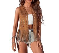 Qianderer Gilet da donna con frange anni '60 e '70 hippie gilet senza maniche cowgirl western finta pelle scamosciata nappa giacca boho gilet vintage hippie outwear, Ba Marrone, M