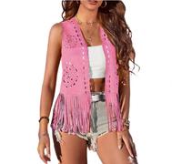 Qianderer - Gilet da donna con frange, stile anni 60 e 70, hippie, senza maniche, stile cowgirl occidentale, in finta pelle scamosciata, con nappine, giacca in pelle, boho, gilet vintage hippie