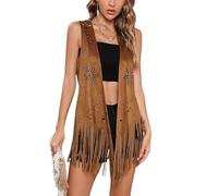 Qianderer Gilet da donna senza maniche con frange in ecopelle stile 70s, costume hippie boho, giacca western in stile occidentale, L