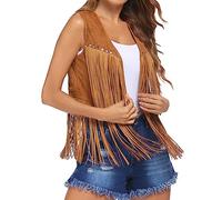 Qianderer Gilet da donna senza maniche in finta pelle scamosciata con frange giacca anni '70 hippie costume boho western cappotto, cachi, L