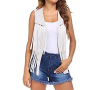 Qianderer Gilet da donna senza maniche in finta pelle scamosciata con frange giacca anni '70 hippie costume boho western cappotto, bianco, M