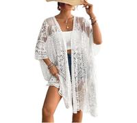 Qianderer Kimono da donna in pizzo copricostume estivo da spiaggia con maniche a 3/4 aperto sul davanti, in rete velata, cardigan kimono all'uncinetto, Ba Bianco, Etichettalia unica